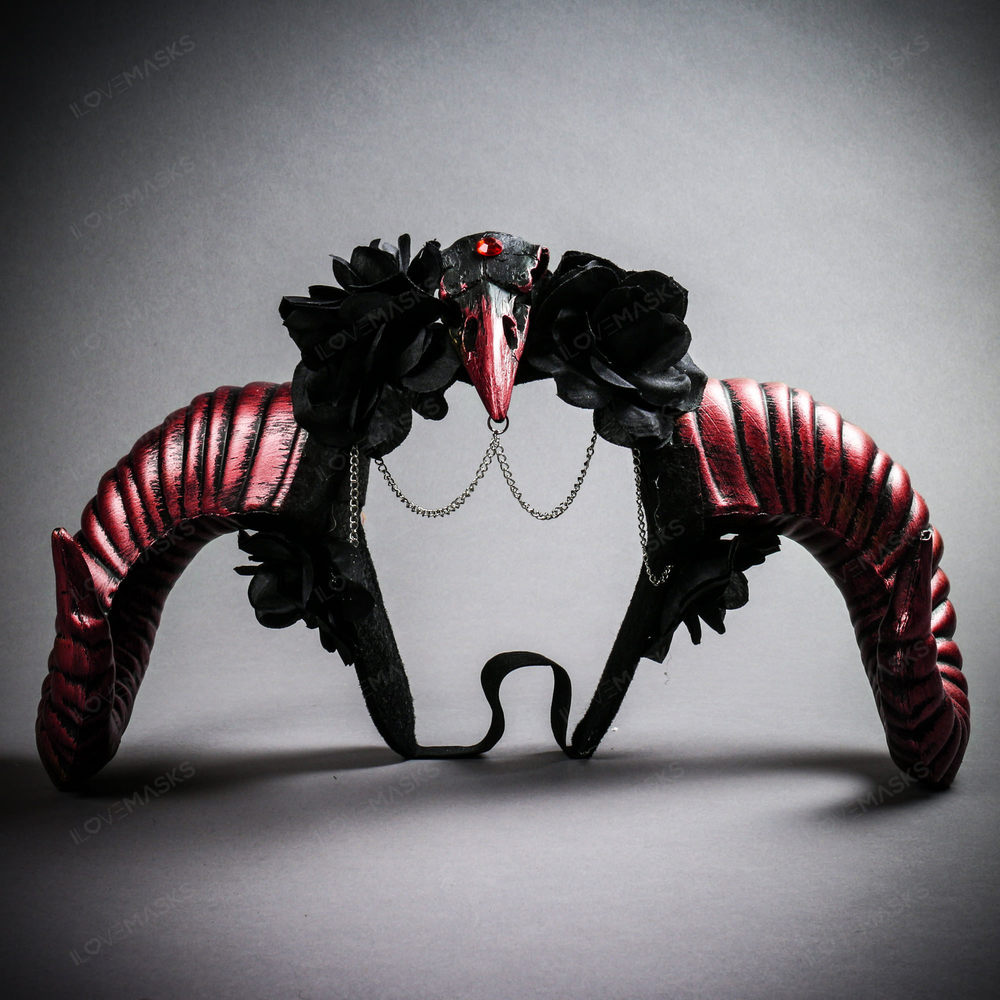 Gothic Demon Raven Skull Large Horn & Rose Headband - Black Red